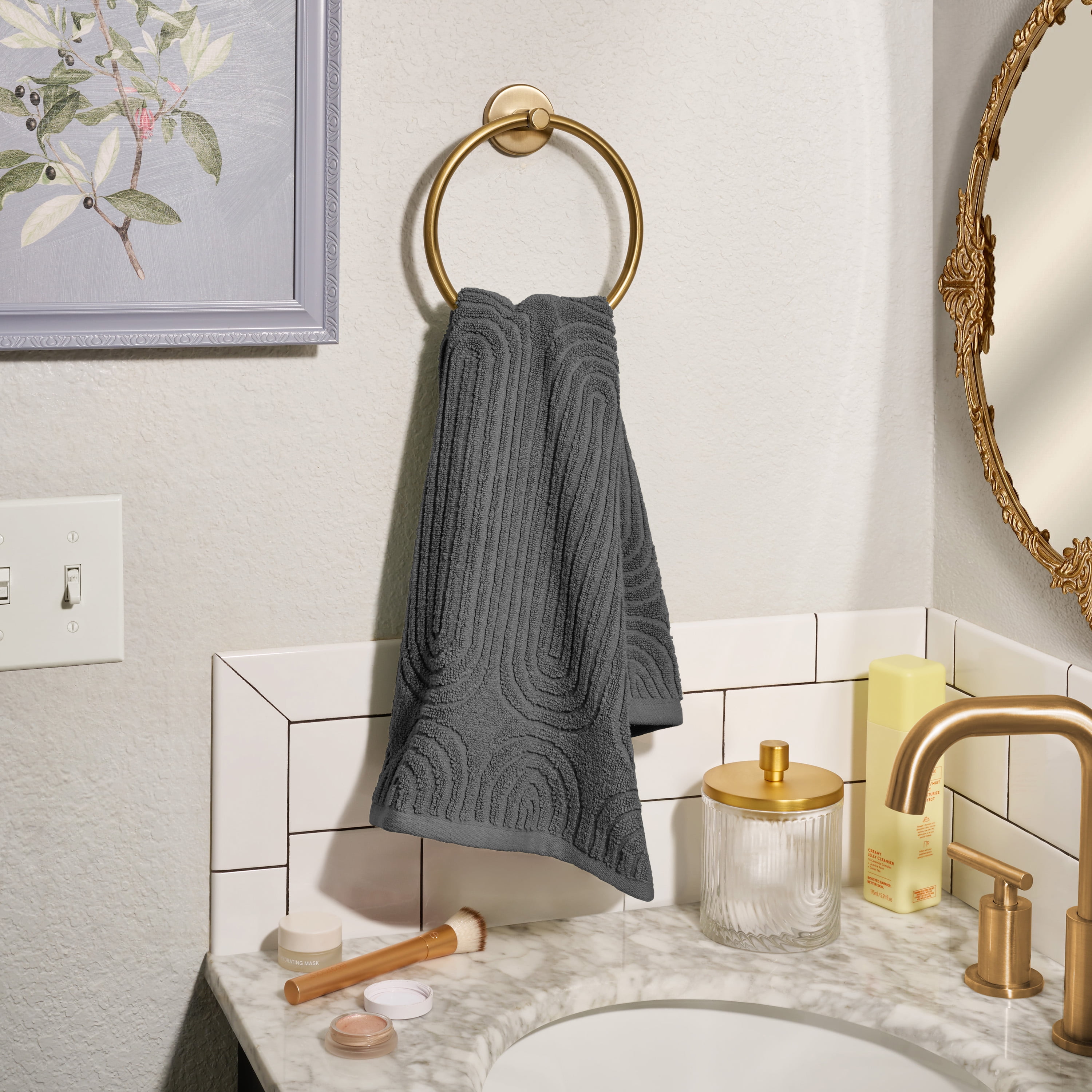 Beautiful by Drew Barrymore Textured Hand Towel, Soft 100% Cotton, Charcoal Gray