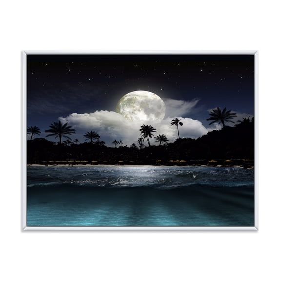Designart 'Green Beach Under Tropical Full Moon' Modern Framed Canvas Wall Art Print