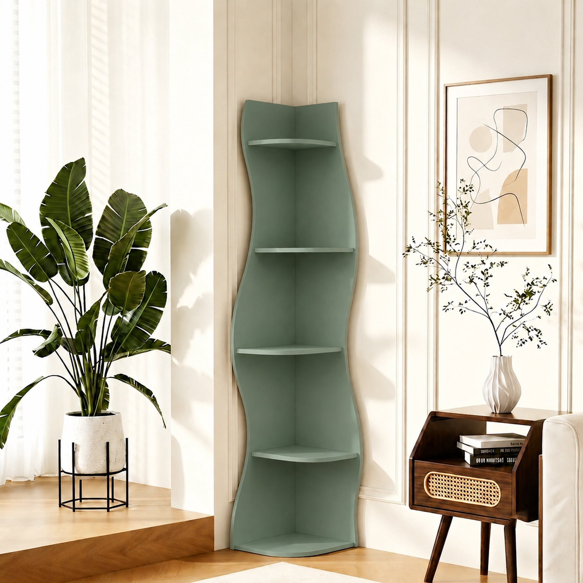 Leumius 5-Tier Bookshelf,Freestanding S-Shaped Corner Shelf Curved Display Rack,Space-Saving Corner Display Bookshelf/Plant Stand for Living Room Home Office,Sage Green