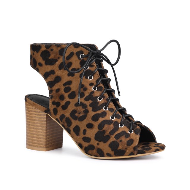 BLISSFUL STEP Women's Peep Toe Slingback Block Heel Ankle Boots Leopard 7