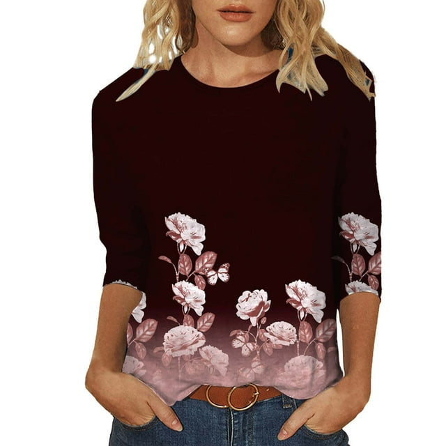 Pompotops Mode Femme T-shirt Imprimé Mi-Longueur Manches 3/4 Blouse Col Rond Hauts Décontractés Liquidation