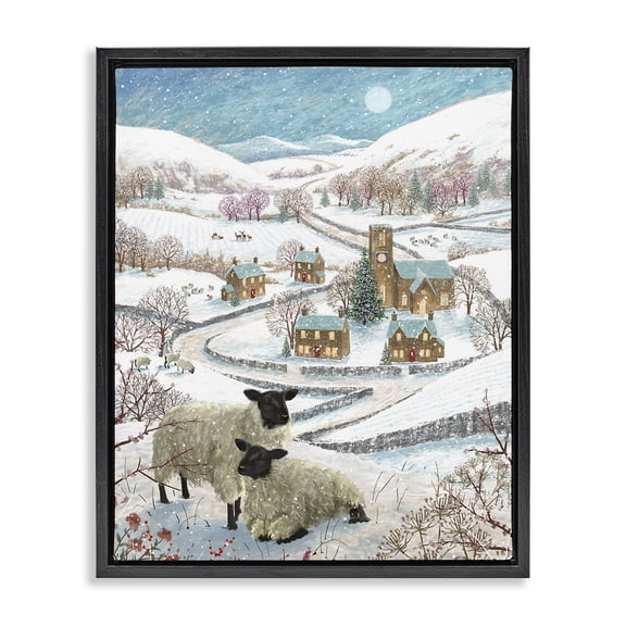 Stupell Industries Farmhouse Sheep on Wintery Hill Black Floating Frame Canvas Art, 17 x 21, by Pip Wilson