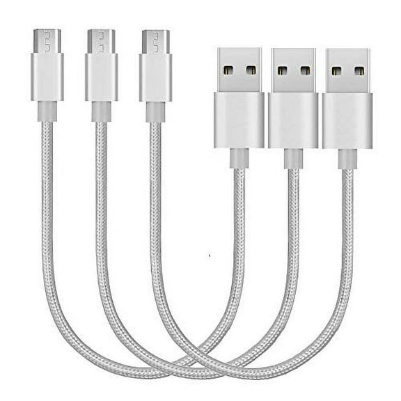 Micro USB Short Cords, 3 Pack 8in / 21cm Nylon Braided Micro USB Fast Charger Cable for Samsung, LG, HTC, Nokia, Android Phone and More (Silver)