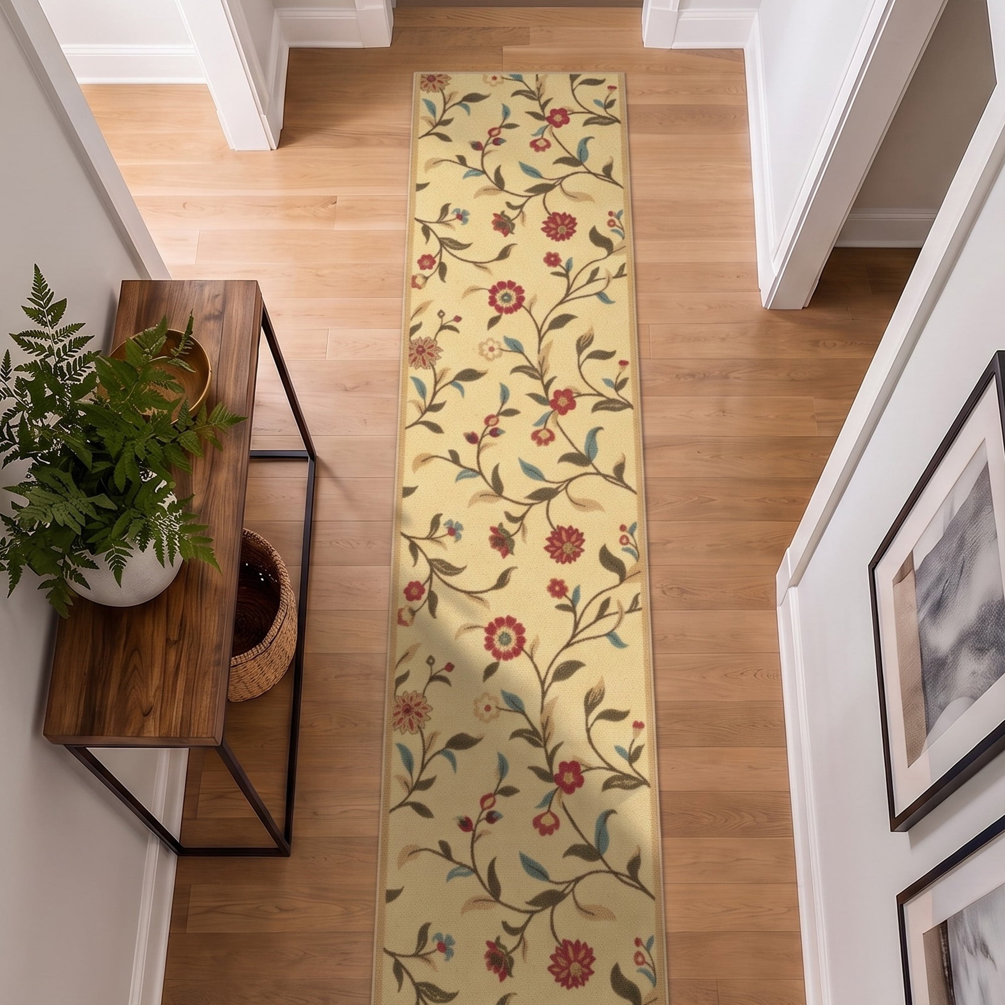 Ottomanson Hallway Runner Rug 1'10.5" x 11' – Non-Slip Low Pile Carpet for High Traffic Areas, Floral Beige