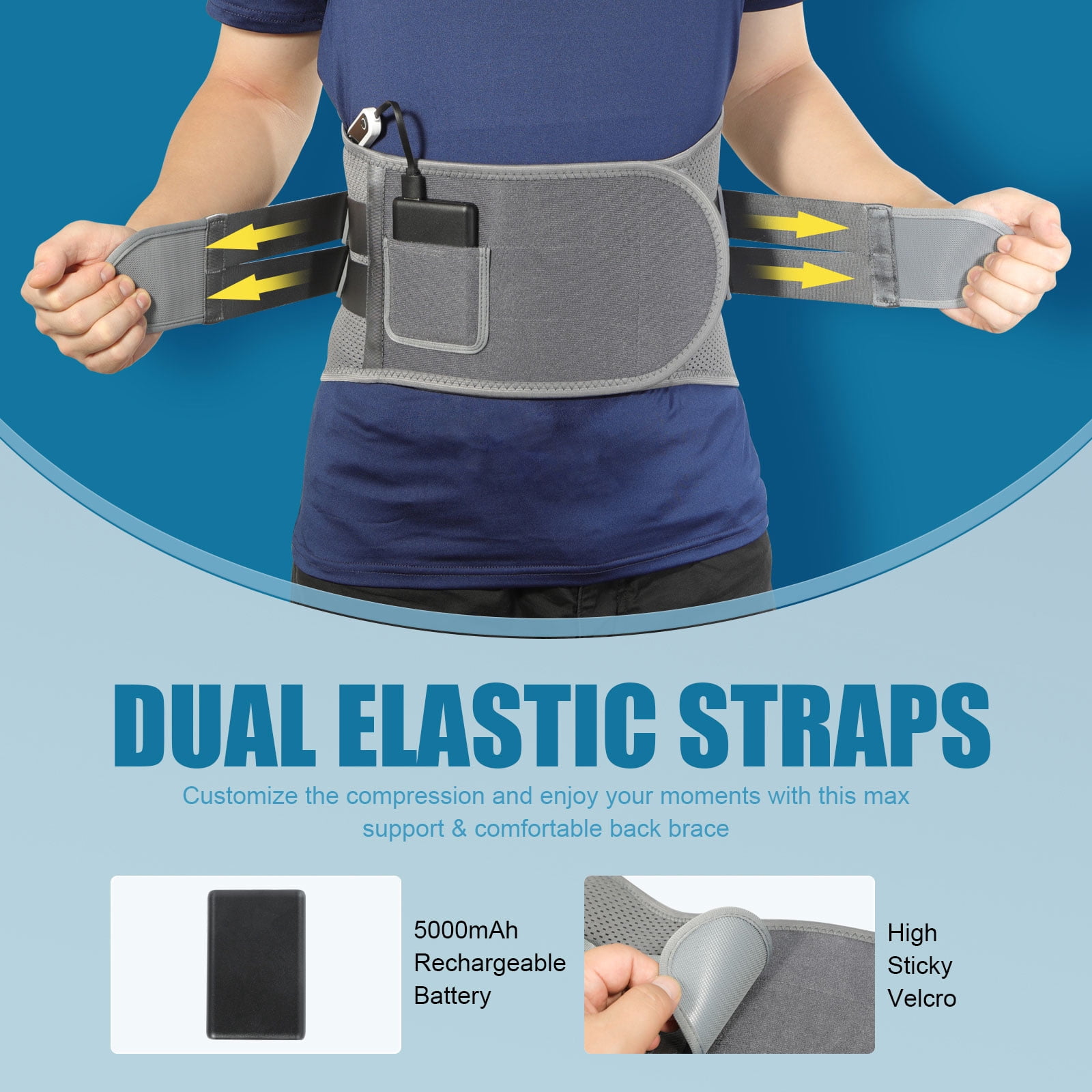 HONGJING Back Support Brace with Heating and Rechargeable Battery, for Lower Back Pain Relief, Gray, L