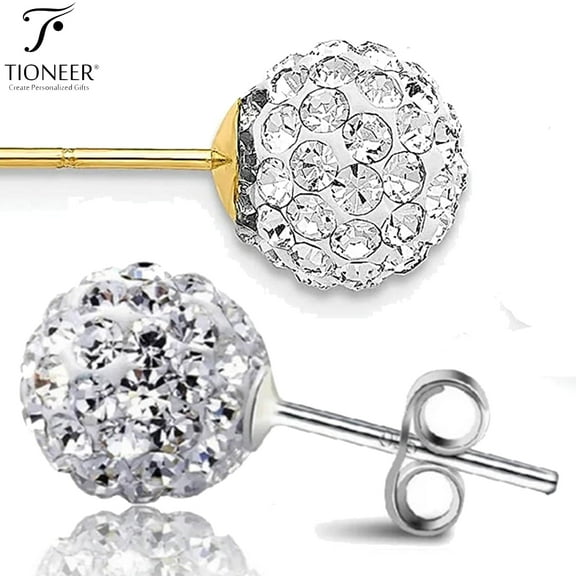 Tioneer Sterling Silver 925 Crystal Ball Stones Brilliant Round Stud Earrings Butterfly Push Back Silver or Yellow Gold