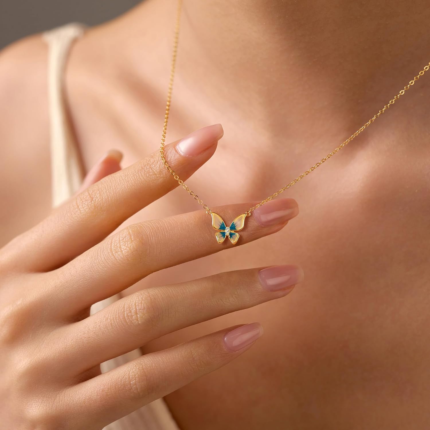Cute Butterfly Necklaces for Women 14K Gold Plated Blue Enamel Butterfly Insect Choker Pendant Necklace 925 Sterling Silver CZ Charm Chain Necklace Jewelry Birthday Gifts to Daughter
