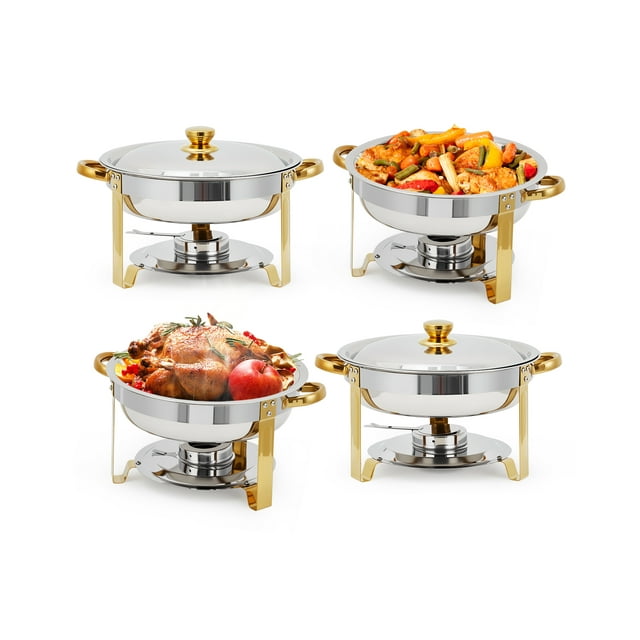 Ensemble de 4 Plats Anti-Frottement pour Buffet, Serveurs de Buffet Ronds de 5 QT et Ensemble de Réchauds avec Couvercle, Réchauds en Acier Inoxydable pour Traiteurs, Fêtes, Mariage, Banquet