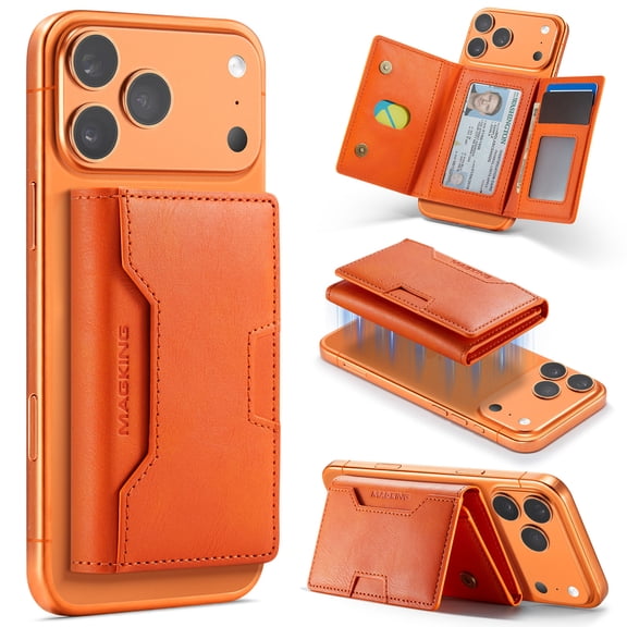 Magnetic Wallet Card Holder for iPhone 18/17/16/15/14/13/12 Pro Max Plus Series, Strong Magnetic Vegan PU Leather Wallet Stand with 7 Card Slots, RFID Blocking - Orange