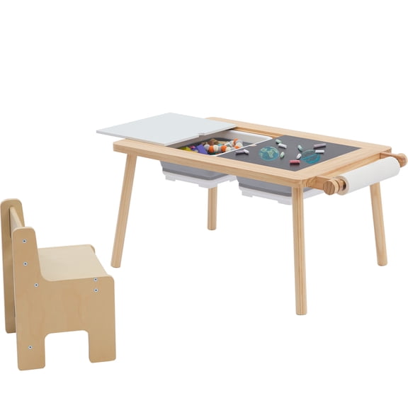 Sensory Table for Toddlers, Multi-Activity Table and Chair Set with Double-Side Graffiti Desktop, Kids Table with 2 Storage Bins & Roller Holder, Sand & Water Table with Building Block Base