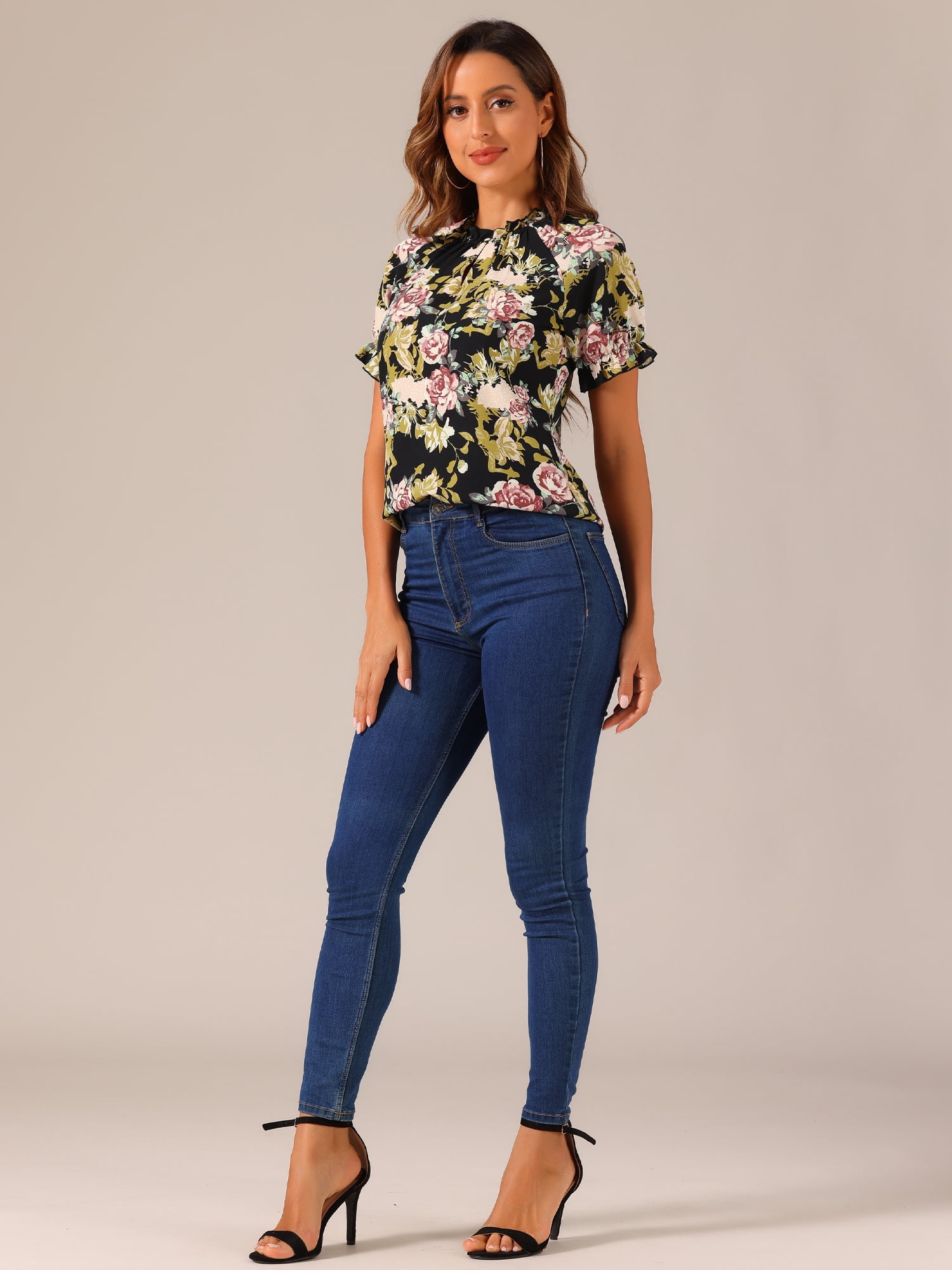 DARING DIVA Women's Floral Ruffled Neck Short Sleeves Top Blouse XS Black Red