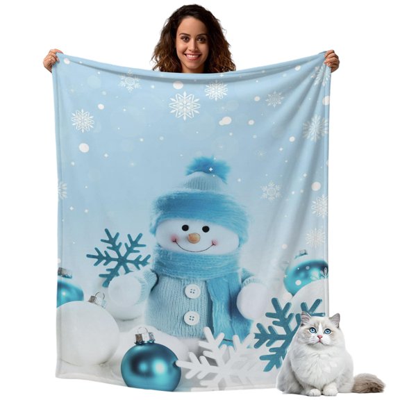 Throw Blanket for Couch, Blue Cute Christmas Snowman Pearls Soft Cozy Warm Flannel Blanket 30x40in, Winter Snowflowers Lightweight Fleece Throw Blankets for Sofa Bedroom Office All Season Use