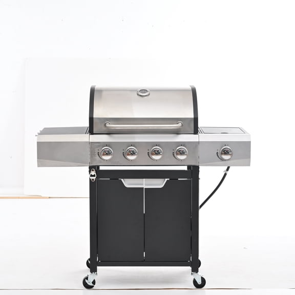 Decksplore 5-Burner Gas BBQ Grill with Cover, Silver Stainless Steel Barbecue Gas Grill with Side Burner and Bottle Opener for Outdoor Patio Garden Picnic Backyard Cooking, 10,500BTU