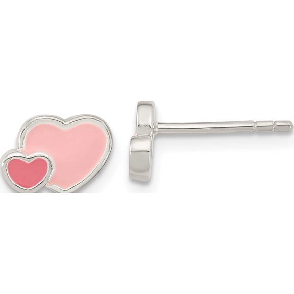 Sterling Silver Pink/ Hot Pink Enamel Double Heart Post Earrings (6.46 X 9.07) Made In Thailand qe16594