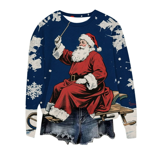 Hauts de Noël pour Femmes Col Rond Manches Longues Chemise de Noël pour Femmes Festival de Noël