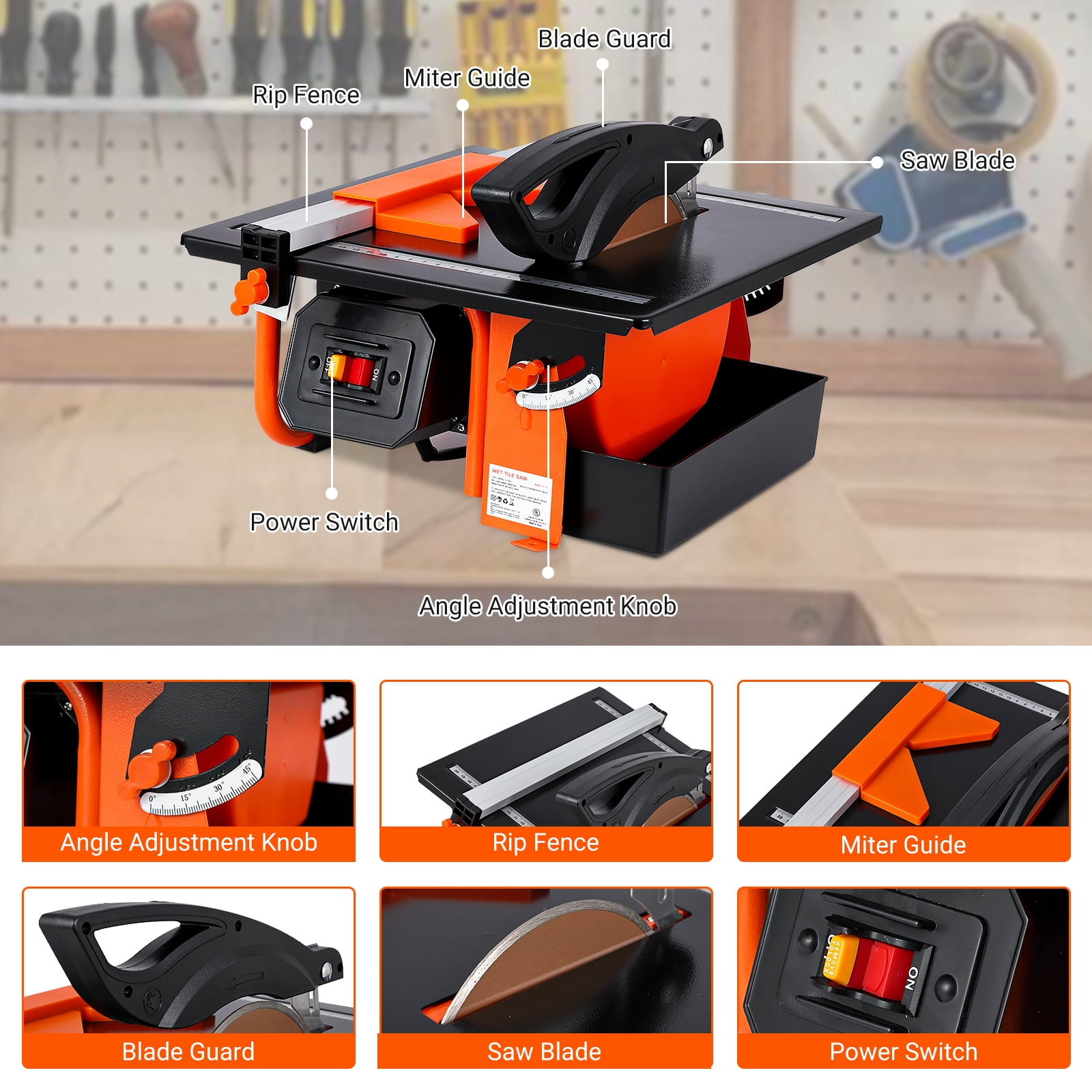 Kicctian 7-inch Wet Tile Saw, 3450 RPM Induction Motor, 0-45° Miter Angle for Cutting Tiles & Stones, Steel Frame Box