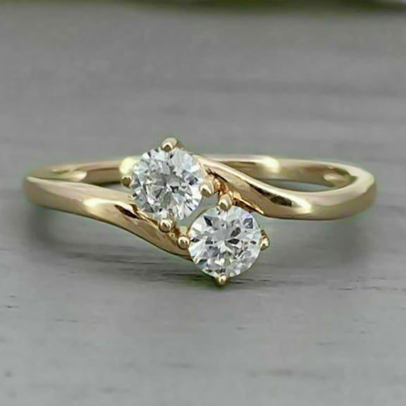 Forever Jewels 2Ct Round Cut Moissanite Women Two Stone Engagement Ring 14K Yellow Gold Plated