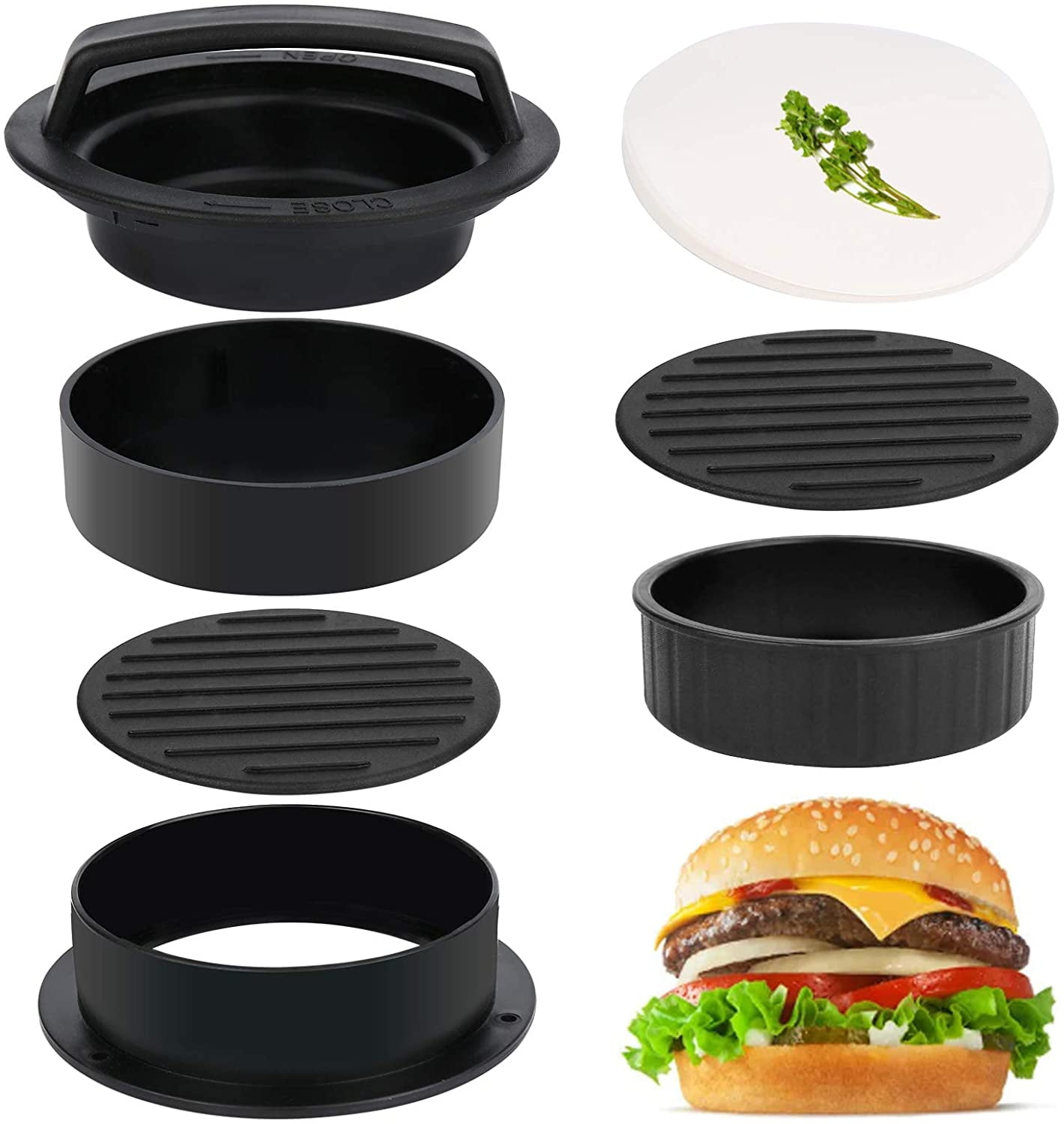 BBQ and Sausage Patties Burger Adjustable Hamburger Patty Maker with 100pcs Wax Patty Papers Burger Press Suitable for Beef Veggie 304 Stainless Steel Non Stick Patty Making Molds BPA Free 