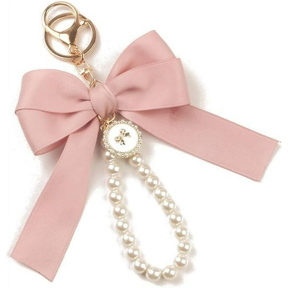 Cute Bowknot Pearl Wristlet Keychains for Women Lily Sakura Flower Key Ring for Car Wallet Pendant Bag Charms
