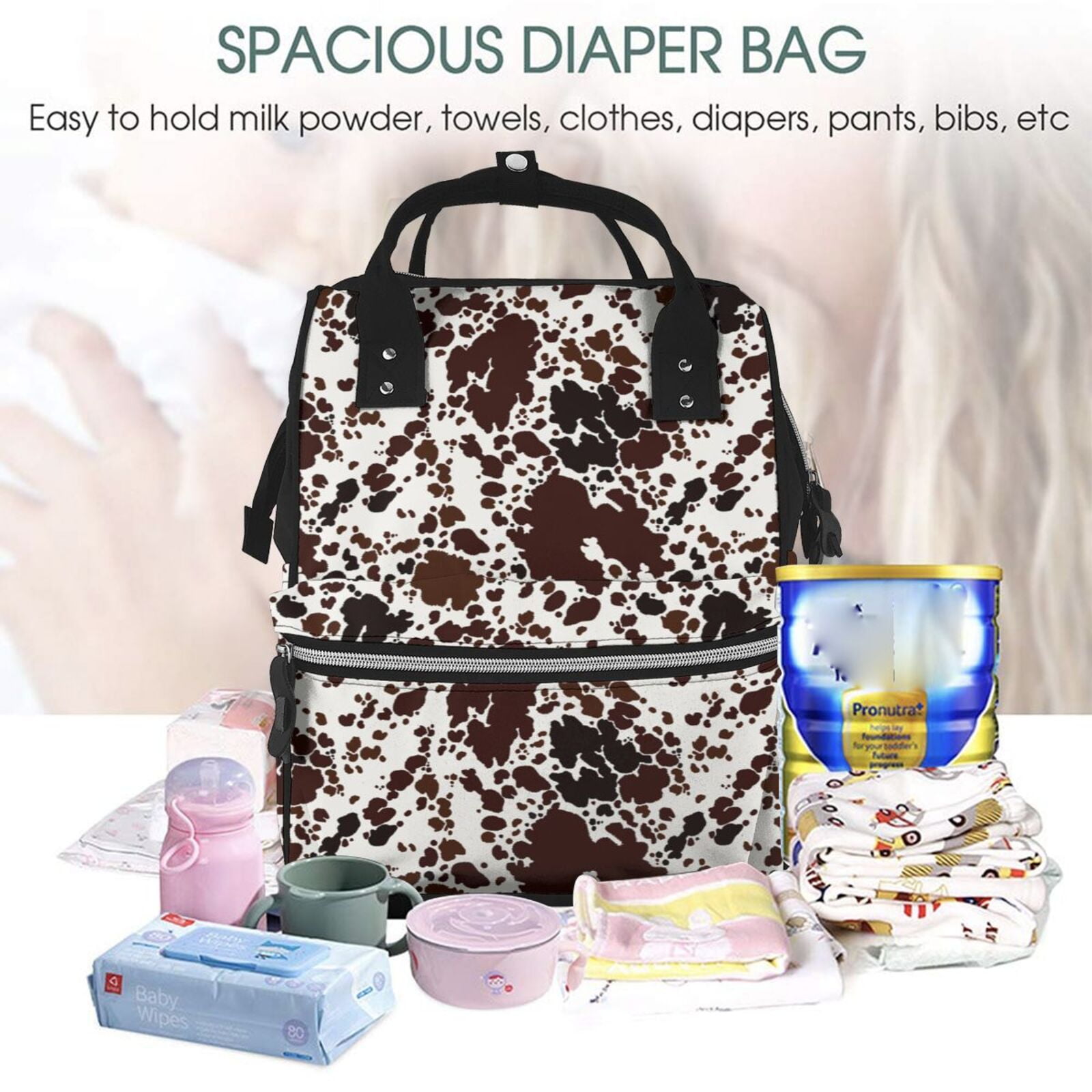 Ratiio Cow Skin Mummy Backpack - Waterproof Twill Canvas, Large Capacity Diaper Bag with Multiple Pockets and Adjustable Straps