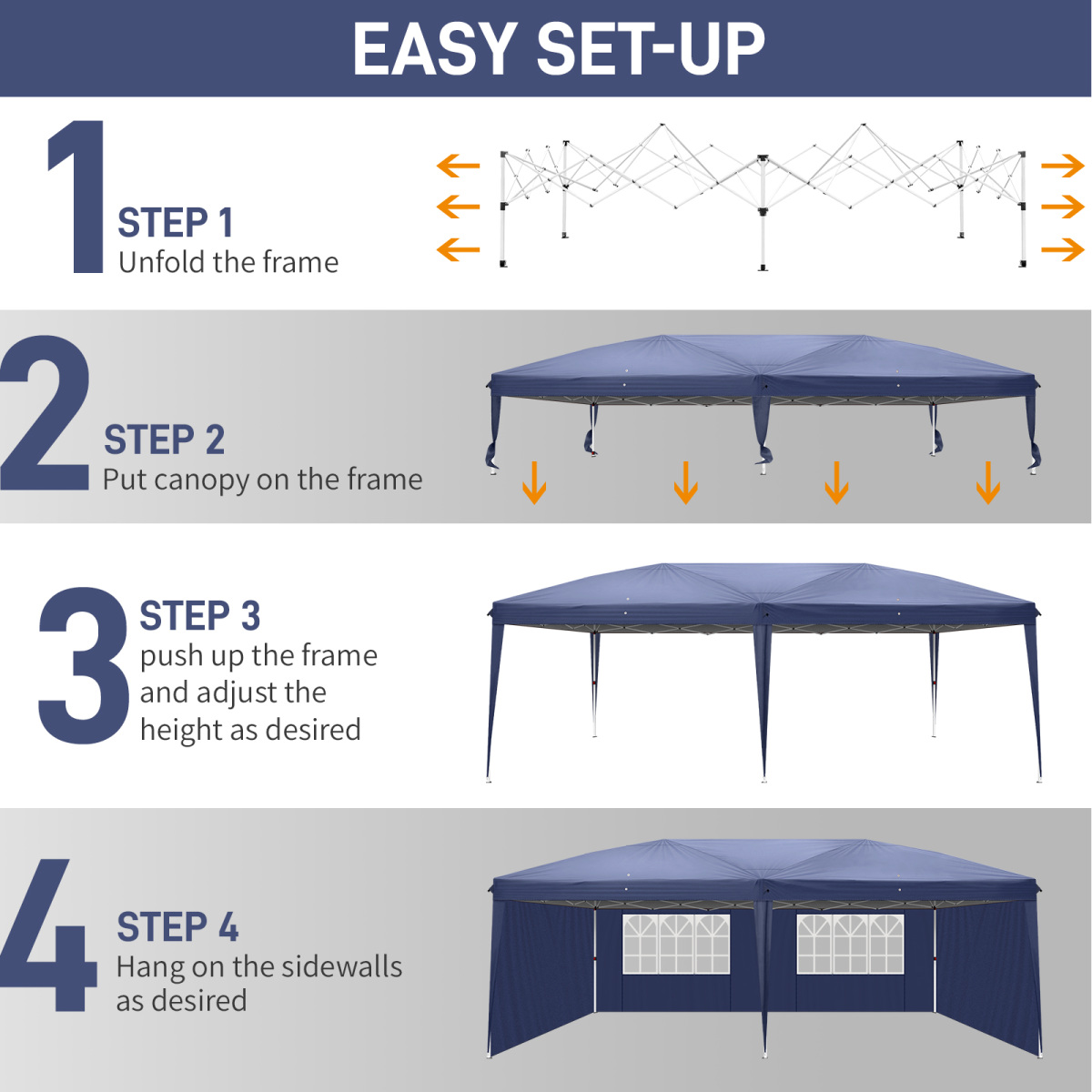 10'x20' Gazebo Waterproof Outdoor Canopy Patio Tent with Reinforced Canopy, 2 Windows Practical Waterproof Folding Tent, Party Tent for Wedding BBQ Cater, Blue