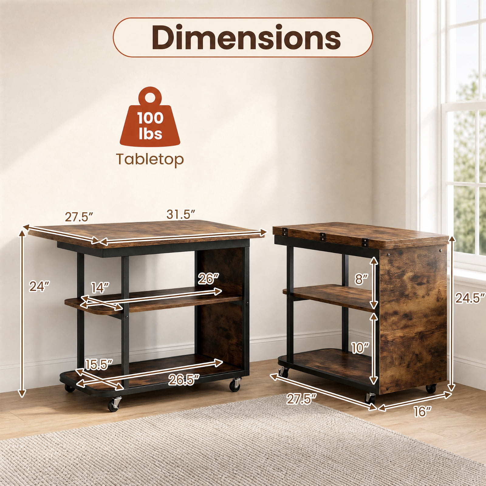Furnibear Mobile Nightstand with Foldable Swivel Top and 2 Tier Shelf Rolling Bedside Table for Small Spaces Bedroom, Rustic Brown