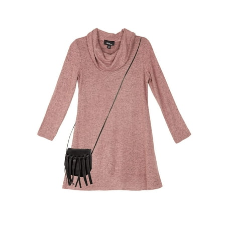 - Cowl Neck Sweater Knit Dress with Suede Fringe Purse (Big Girls)