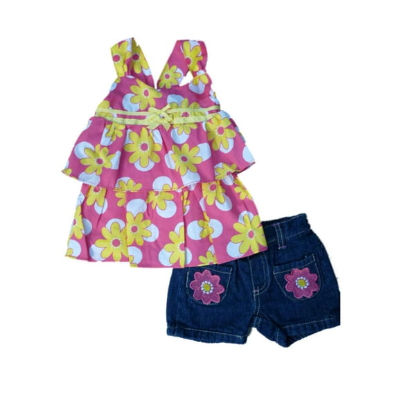 Young Hearts Infant Girls Daisy Print Top & Denim Shorts 2 PC Outfit 12 Months