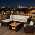 thumbnail image 4 of KIOOTTO 3-Piece L-Shaped Outdoor Sectional Sofa Set, PE Wicker Patio Furniture with Acacia Wood Storage Coffee Table & Beige Cushions, Corner Couch for Balcony & Deck, 4 of 6