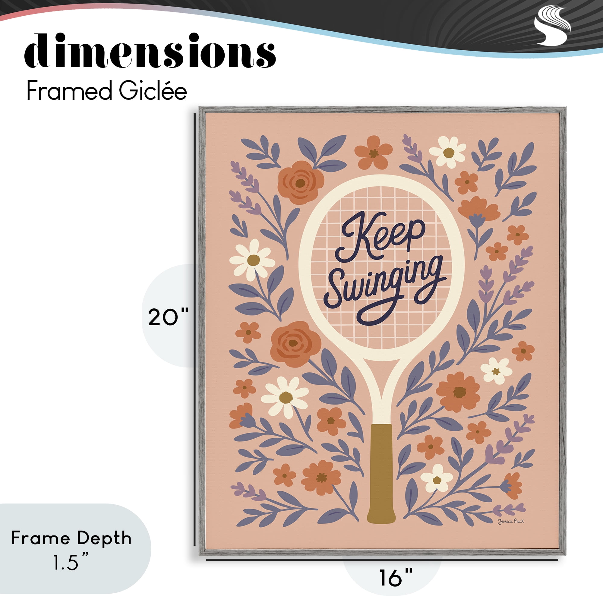 Stupell Industries Keep Swinging Floral Tennis Gray Framed Giclee Art, design by Jessica Beck