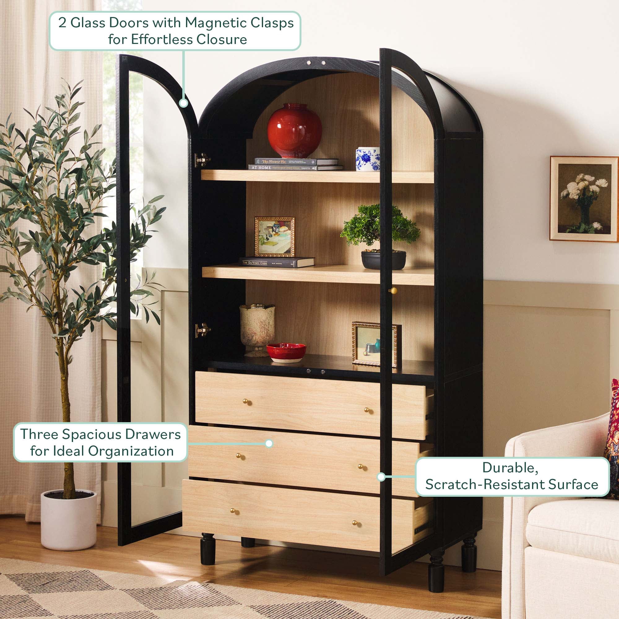 Walker Edison Modern Arched Bookshelf Tall Glass Door Cabinet with Inner Drawers, Black