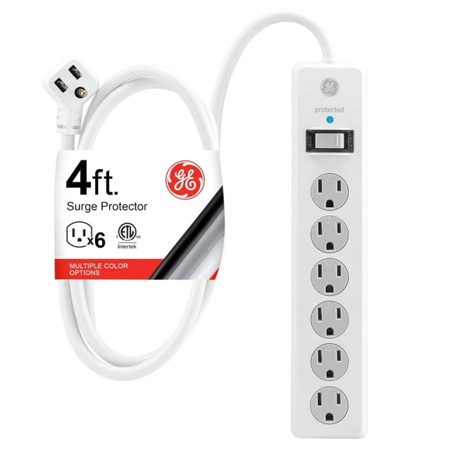 Tira Multicontactos GE Blanco con Supresor de Picos y Enchufe Plano, Cable de Extensión 1.2 Metros