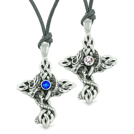 Fire Dragon Celtic Knots Protection Cross Amulets Love Couples or Best Friends Set Rainbow Blue