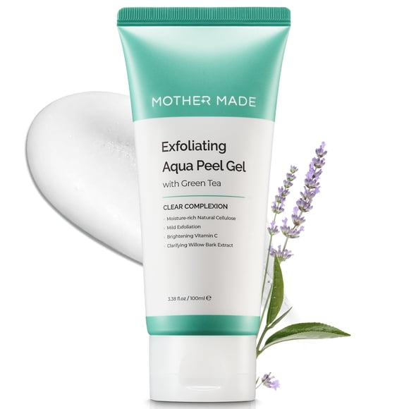 MOTHER MADE Gel exfoliante facial vegano con té verde, vitamina E, ácido hialurónico, 3.38 fl. oz.| Exfoliante facial natural suave, exfoliante, limpieza física, cuidado de la piel coreano