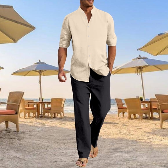 Men's Suits Breathable Long Sleeve Shirt with Button and Comfortable Pants for Everyday Casual Home Wear Outdoor Beach Vibe