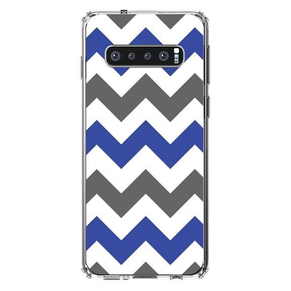 DistinctInk Clear Shockproof Hybrid Case for Samsung Galaxy S10  PLUS(6.4" Screen) - TPU Bumper, Acrylic Back, Tempered Glass Screen Protector - Blue Grey Stripes - Stripes Pattern