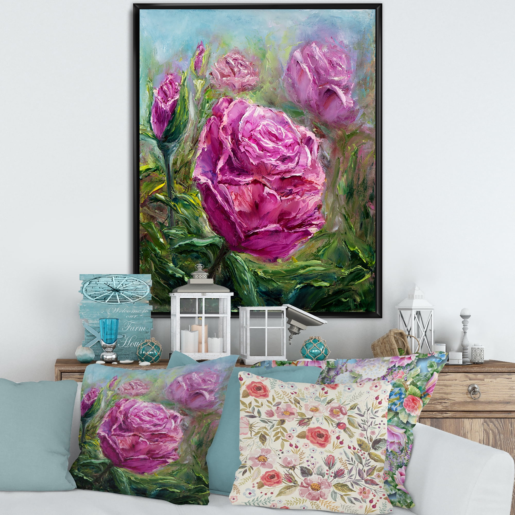 Abstract Pink Peonies 30 in x 40 in Framed Painting Canvas Art Print, by Designart