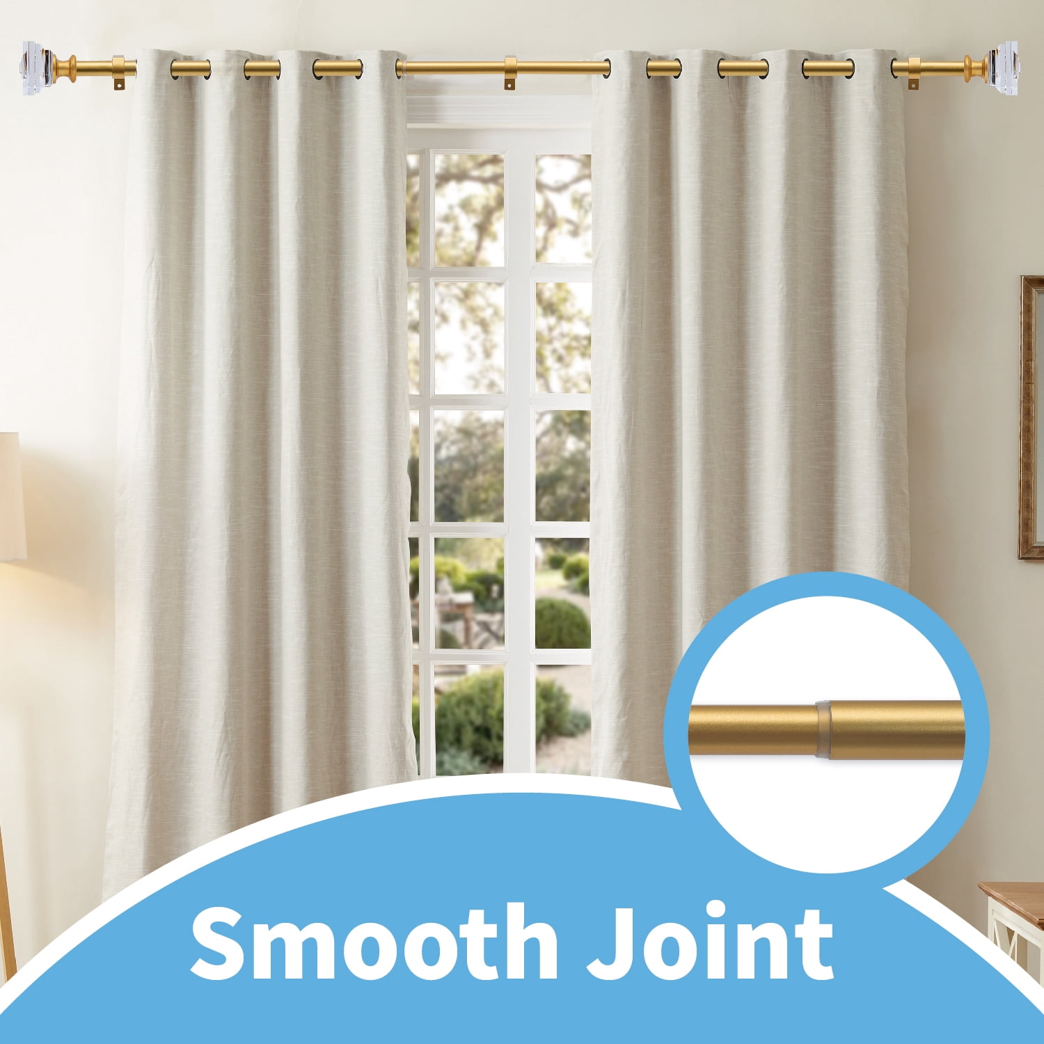 Curtain Rod Adjustable Window Drapery Rods with clear acrylic plexiglass square finials, 3piece brackets, hardware kits. Gold 28-48 inches.