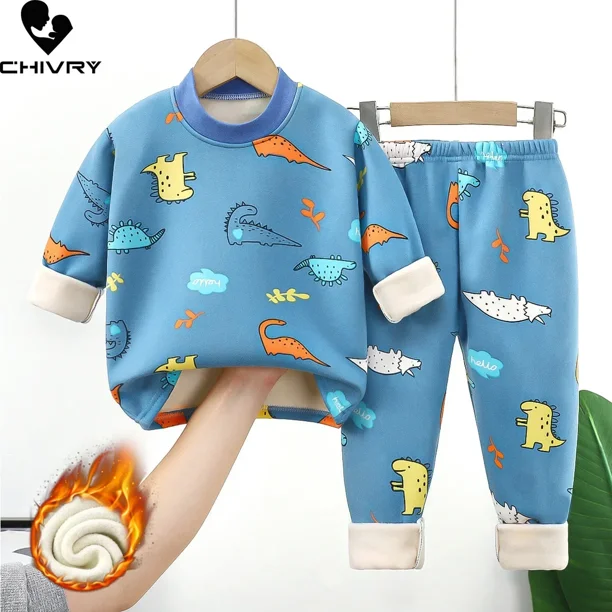 Nuevos pijamas gruesos y cálidos de otoño e invierno para niños y niñas, pijamas de manga larga con cuello redondo y dibujos animados, conjuntos de ropa de dormir para niños pequeños