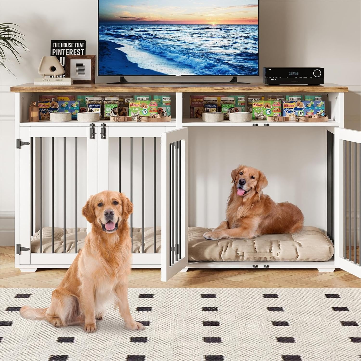 DreamCurship 63 Inch Dog Crate Furniture, 2-Door Wooden Dog Crate Kennel Furniture with Divider, Indoor Dogs Kennel for Small to Medium, White