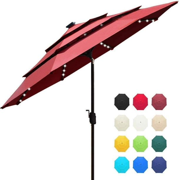 EliteShade Sunbrella Solar 9ft 3 Tiers Market Umbrella with 80 LED