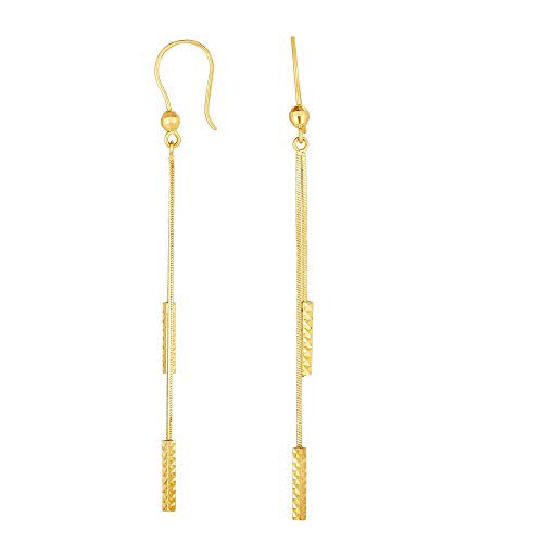 JewelStop 14K Yellow Gold Textured Cylinder Shape Dangle Earrings -1.5gr, 2x60mm, (3/32" x 2 3/8 Inches)