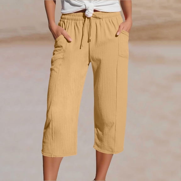 tarylea Cotton Linen Pants for Women Elastic Waist Drawstring Capri Pants Solid Color Lightweight Pants with Pockets Casual Loose Breathable Pants