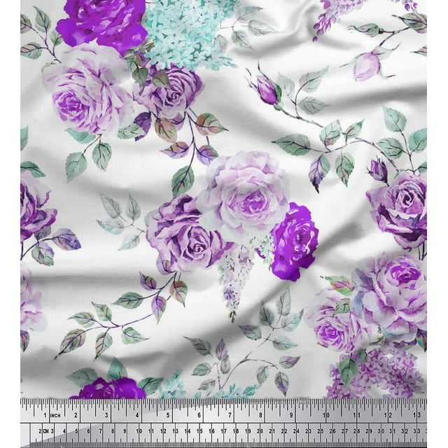 Soimoi Purple Polyester Crepe Fabric Leaves & Rose Flower Decor Fabric Printed BTY 42 Inch Wide