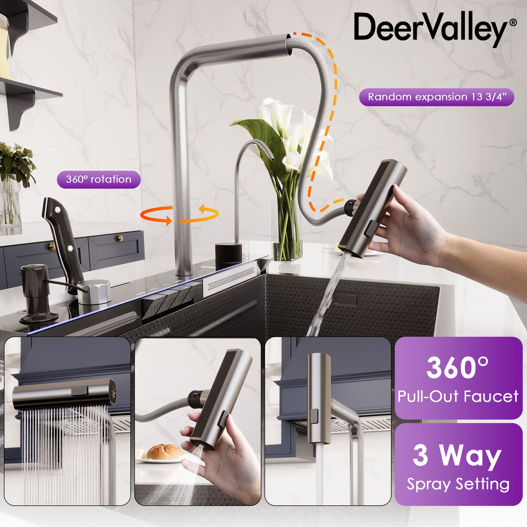 Deervalley 29.5" X 18" Smart Waterfall Kitchen Sink, Drop In Stainless Steel Digital Display Workstation Sink DV-1K0348