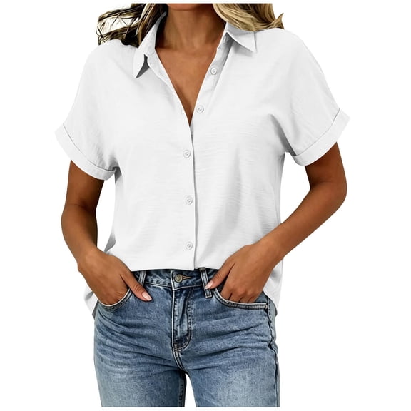 Enjoytime Button Down Shirts for Women Collared Short Sleeve Work Shirts Solid Color Dressy Business Casual Tops