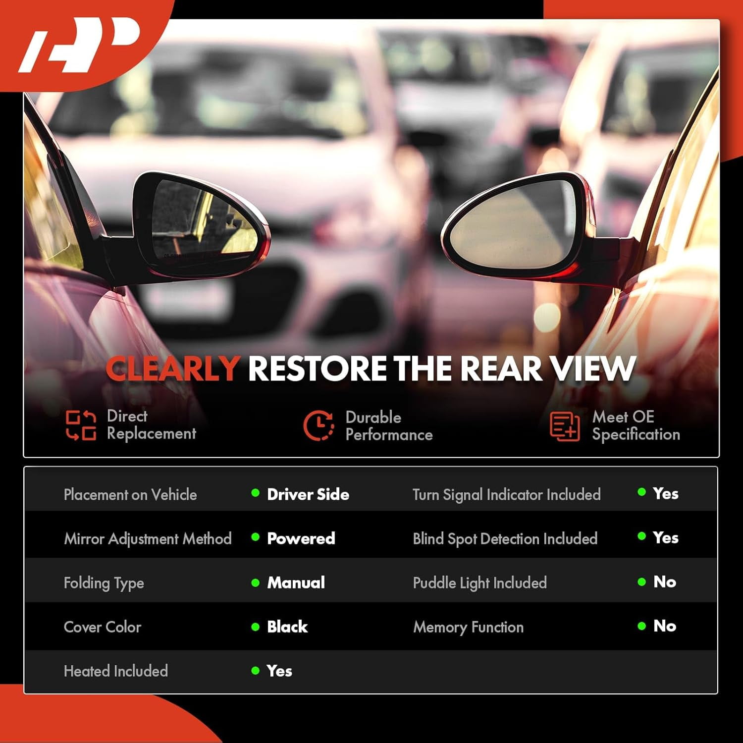 A-Premium Driver Side Power Door Mirror - Compatible with Honda CR-V CRV 2017-2022 - Heated Manual Folding Black Outside Rear View Mirror w/Turn Signal and Blind Spot Detection