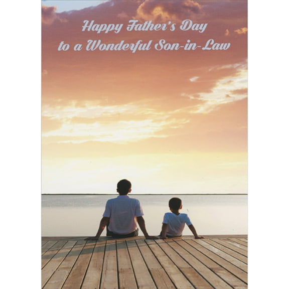RSVP Man and Boy Sitting on Dock Looking at Water and Sky Father's Day Card for Son-in-Law