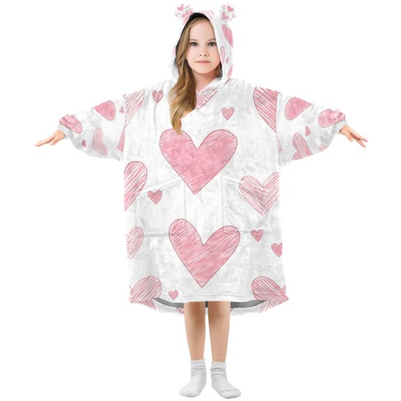 FORMRS Wearable Blanket Hoodie with Sleeves for Kids Cozy Flannel Sweatshirt, Hand Drawn Hearts