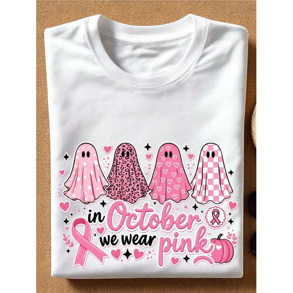 In October We Wear Pink Shirt Pink Ghost TShirt Breast Cancer Awareness Month Tee, Pink Ribbon Gift, Breast Cancer Support Short Sleeves